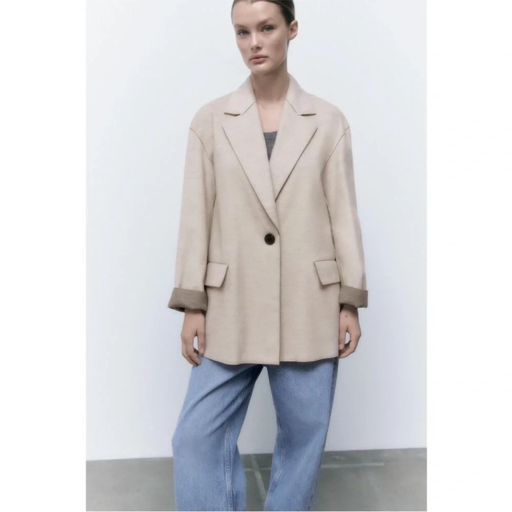 Zara Soft Turn-Down Collar Jacket Mink Marl Size Medium